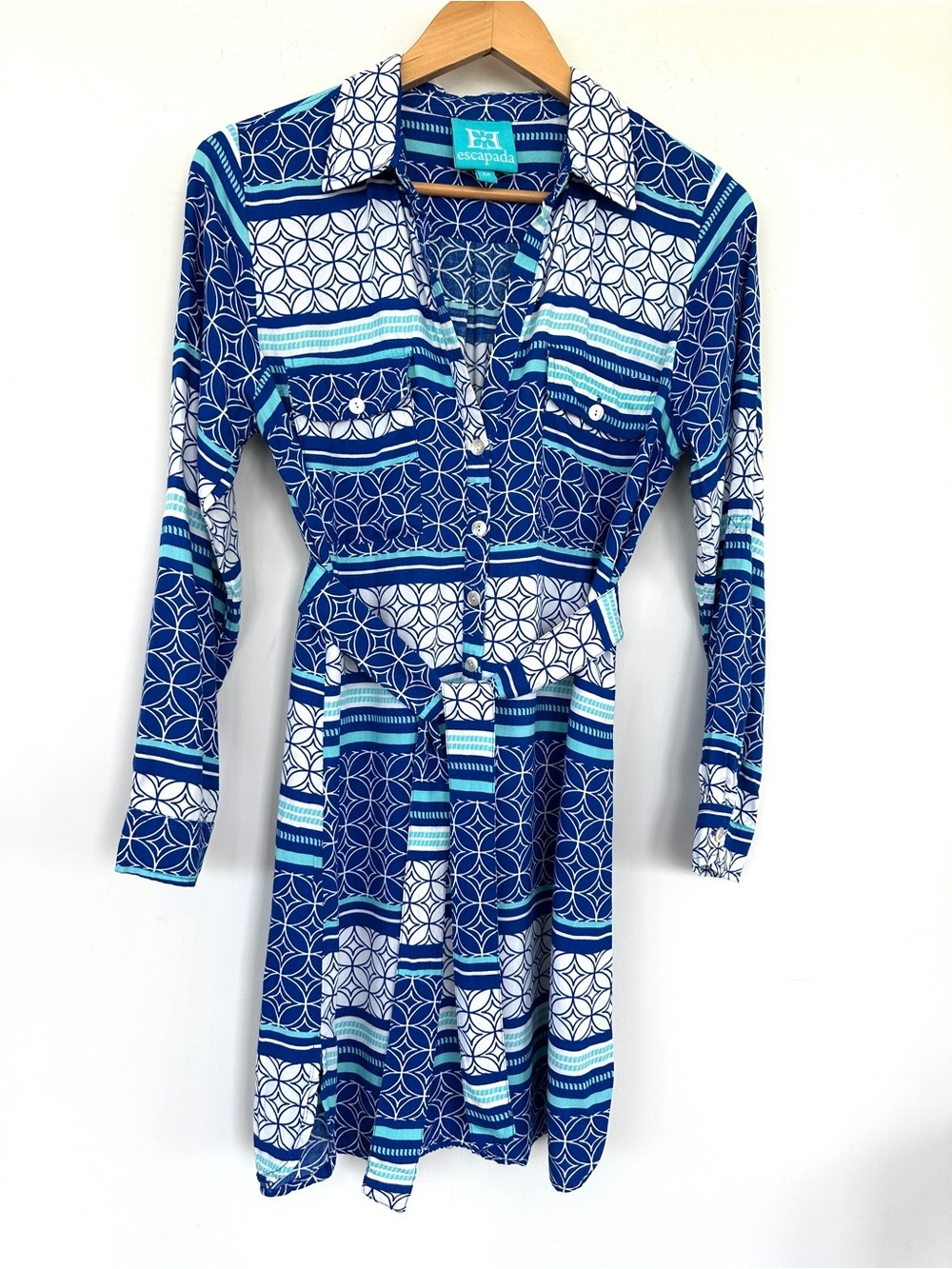 Escapada Blue & White Geometric Button-Front Shirt Dress with Roll-tab Sleeves